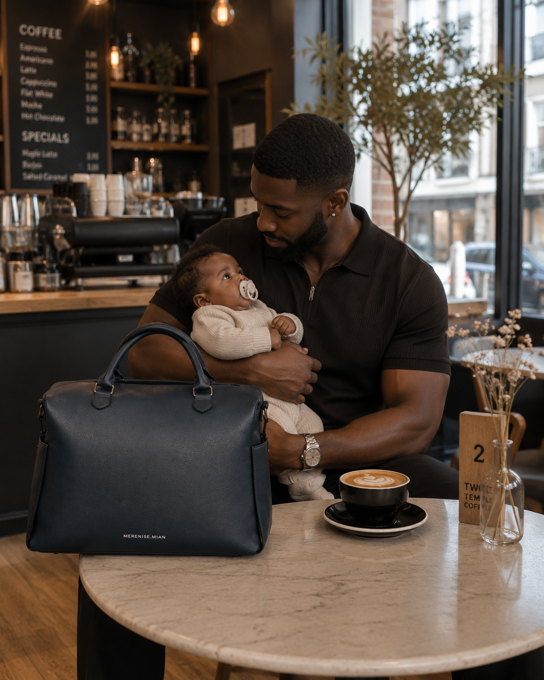 Father holding baby at a café with the bag on the marble table