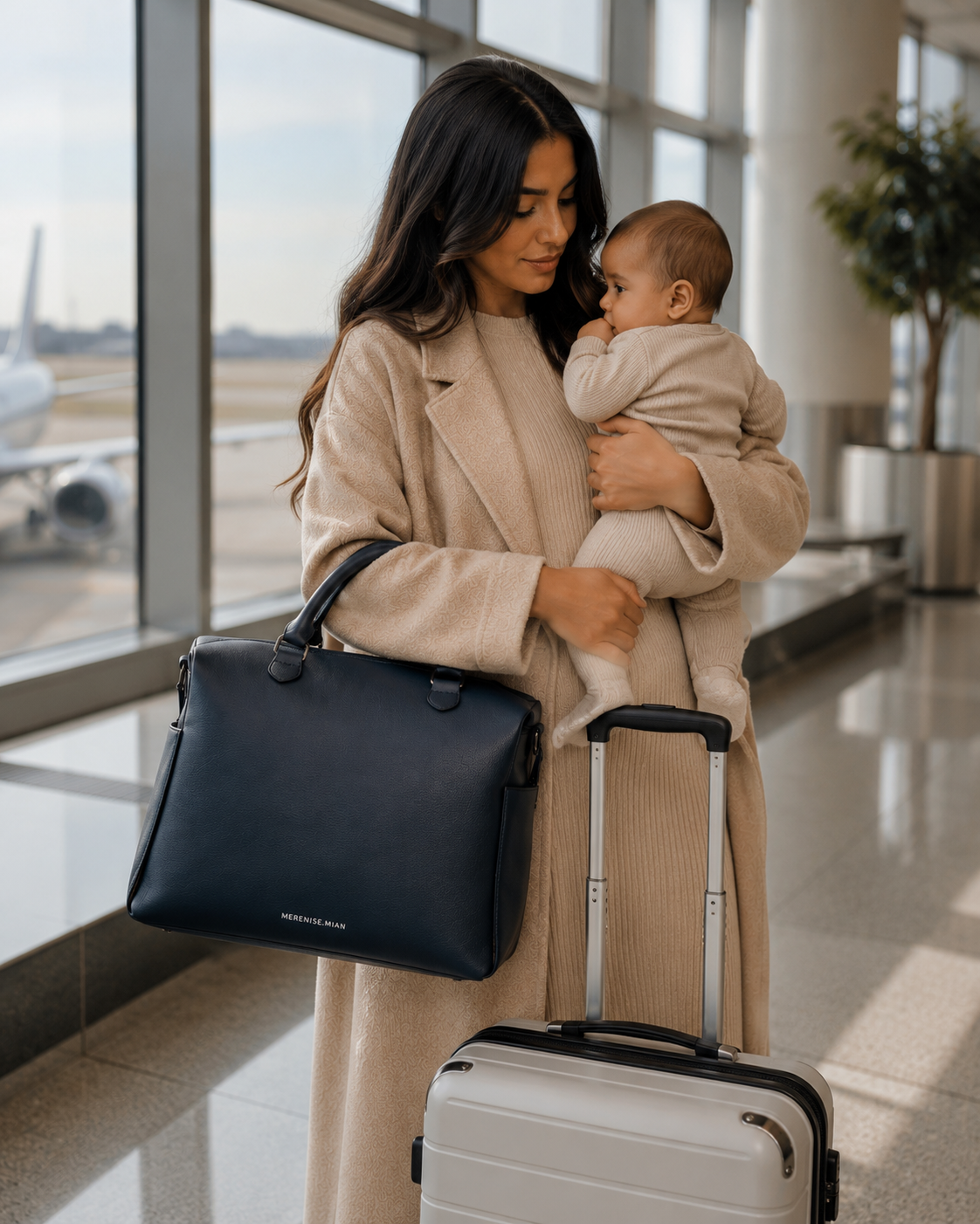Mother holding baby at the airport with the bag on her shoulder